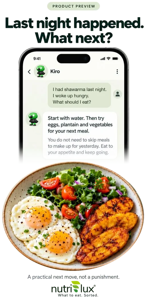 A chat with Kiro about what to eat after a heavy night, above a plate of eggs, plantain and salad.